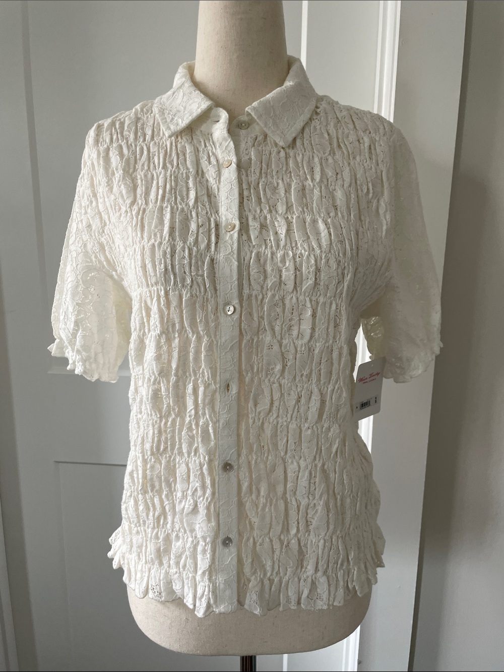 Lucky Brand Cream Lace Button-Front Short Sleeve Shirt